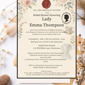 Bridgerton-Inspired Bridal Shower Invitation | Regency Era Tea Party Printable | Elegant Floral Vintage Bridal Shower Invite Template