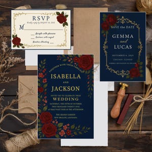 Navy Blue & Gold Wedding Invitation | Burgundy Floral Elegant Invite | Printable or Template | Christmas Wedding Invitation