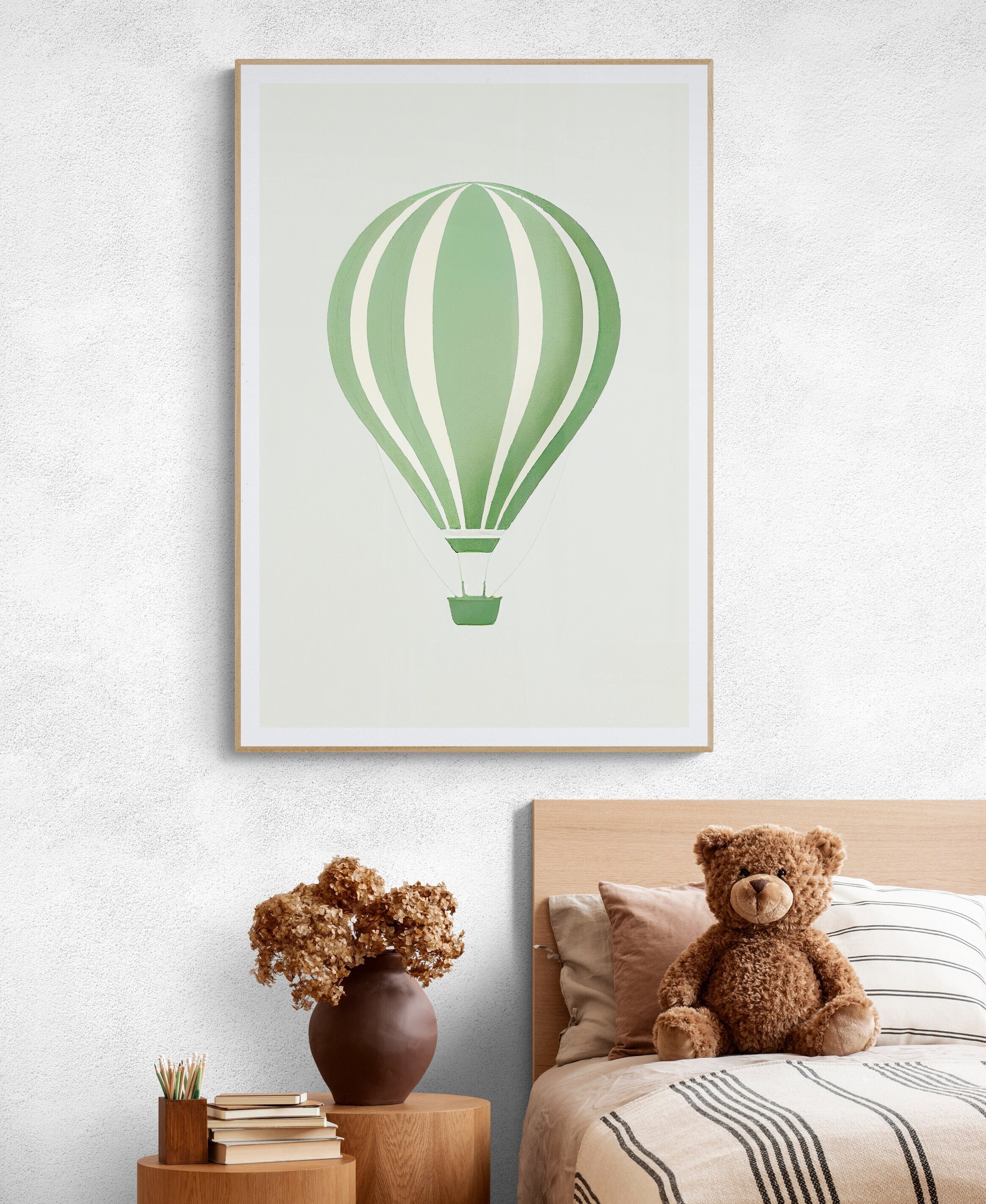 Green Hot Air Balloon Digital Print Nursery Art Print Gender Neutral