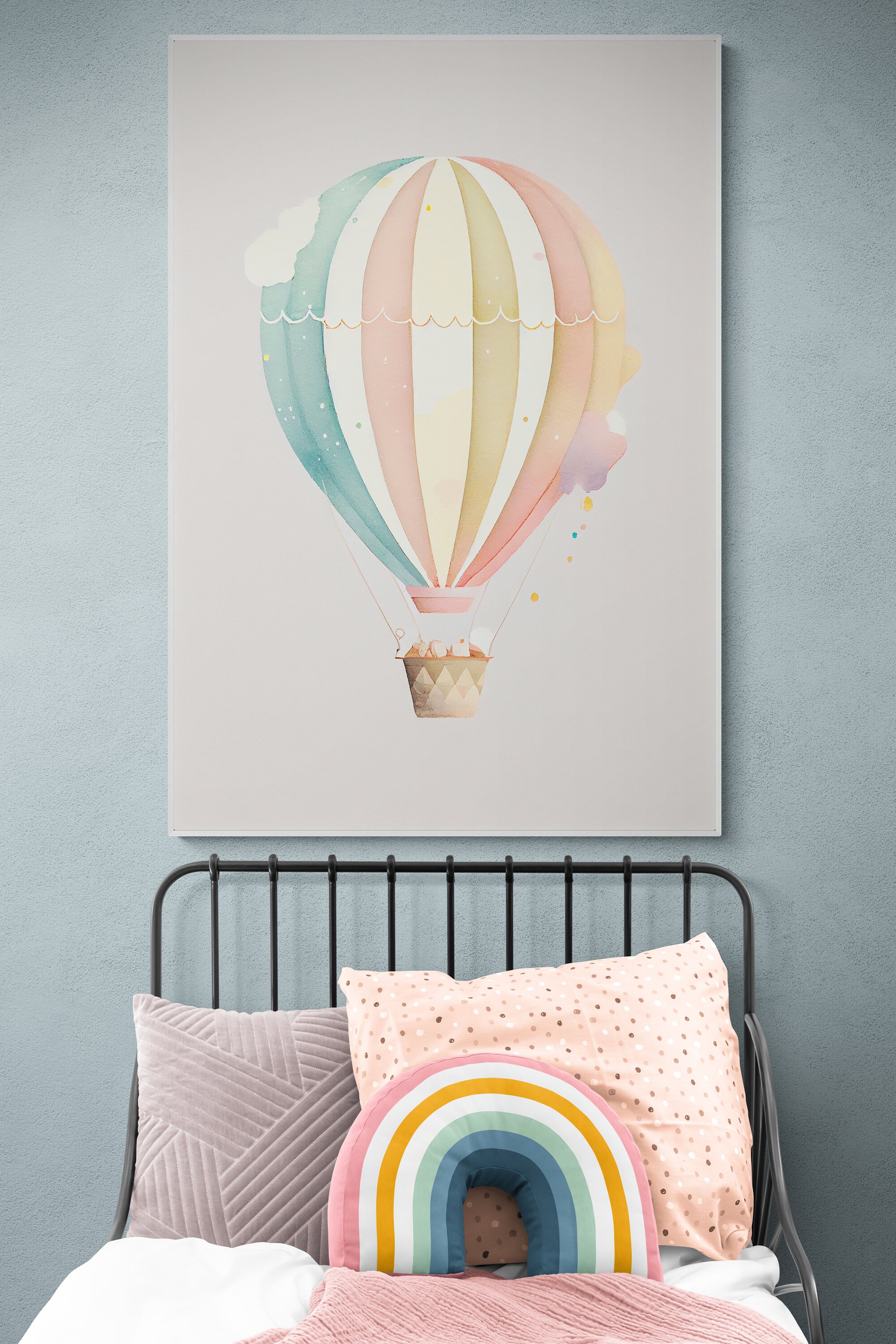 Pink, Blue and Gold Hot Air Balloon Digital Print Nursery Art Print