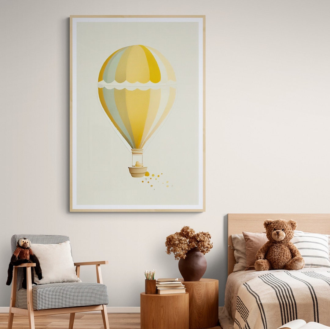 Yellow Hot Air Balloon Digital Print Nursery Art Print Gender Neutral