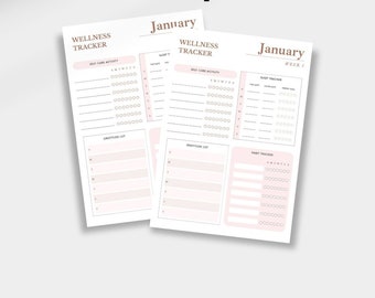 Könnte beinhalten: Ein druckbarer Wellness-Planer für Januar mit Abschnitten für Selbstpflege-Aktivitäten, Schlaf-Tracking, Gewohnheits-Tracking und eine Dankbarkeitsliste. Der Planer hat ein rosa-weißes Farbschema.
