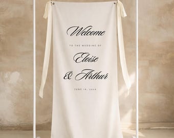 Custom Fabric Wedding Welcome Sign | Personalised Calligraphy Linen Backdrop | Wedding or Engagement | Names & Date