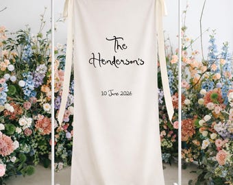 Personalised Fabric Wedding Surname Sign | Custom Last Name & Date | Minimalist Linen Ceremony Backdrop | Printed and shipped