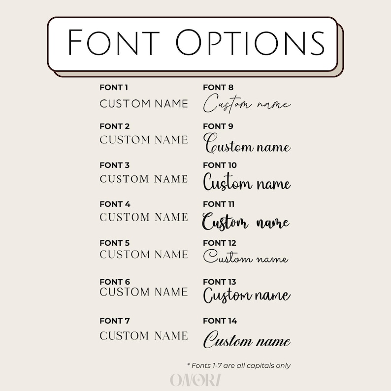 May include: A chart showing 14 different font options for a custom name. The fonts are numbered 1 through 14. The first seven fonts are all uppercase. The last seven fonts are in a variety of styles. The text at the bottom of the chart says "Fonts 1-7 are all capitals only."