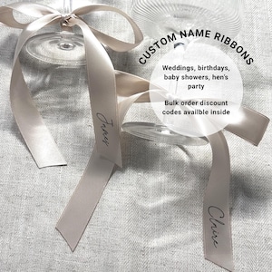 Luxury Personalised Ribbon Name Place Card For Weddings, Special Events Cocktail Glass Ribbon Name Wine Glass Wrap image 1