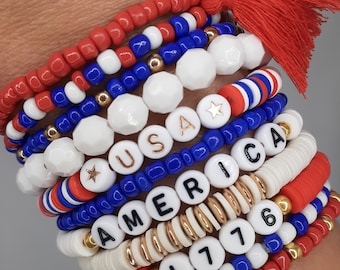 Patriotic Beaded Bracelet, America 250th, USA Theme, 4th of July Jewelry