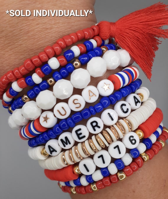 Red White & Blue Patriotic Crystal Rondelle Beads Bracelet 4th Of July USA  8