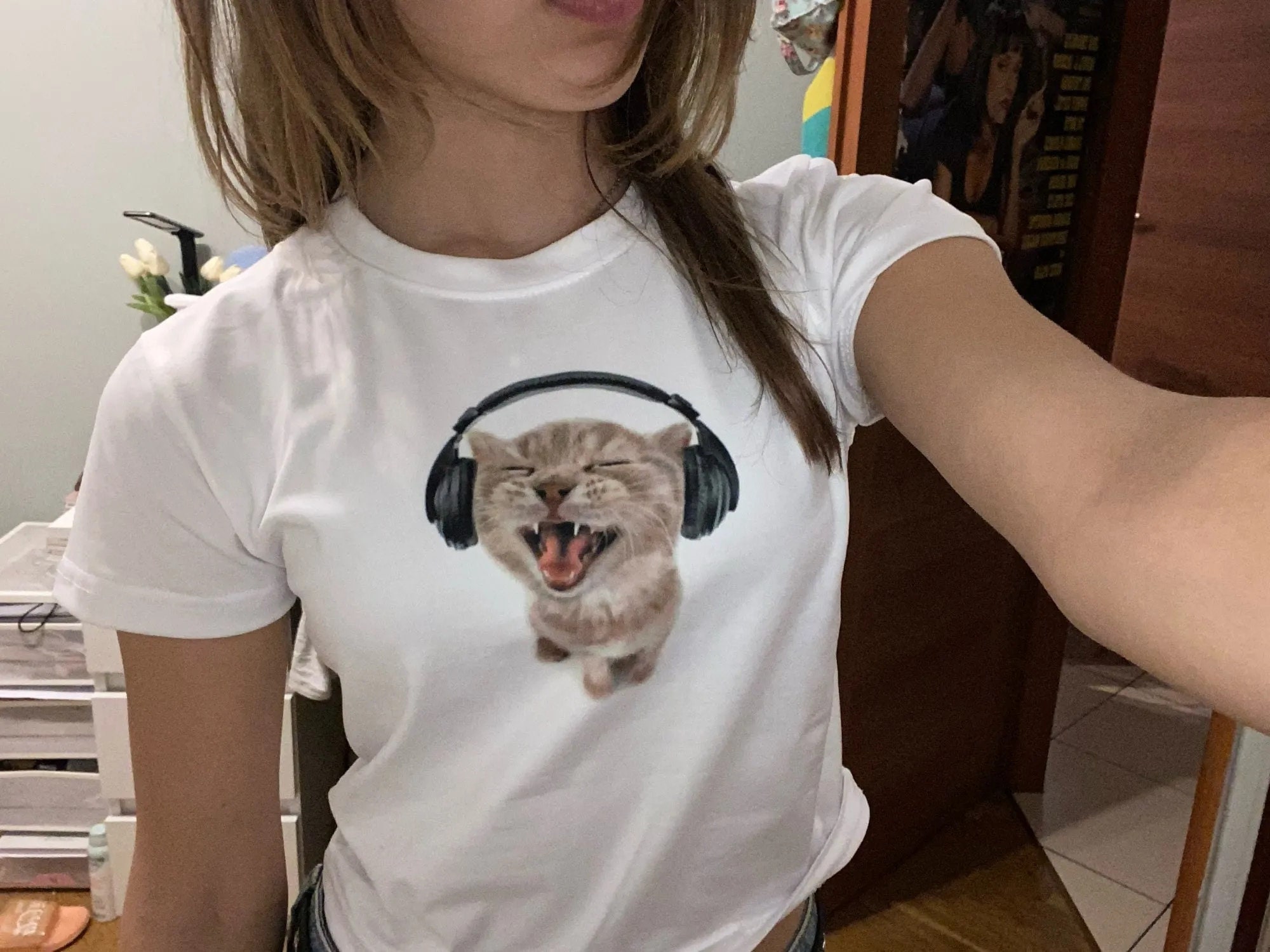 Cute Cat With Headphone Tee Retro Vintage Black Cats 80s Etsy