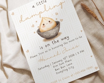 A Little Dumpling Is On The Way Neutral Baby Shower Invitation. Editable and Printable Dim Sum Dumpling Baby Shower Invitation.