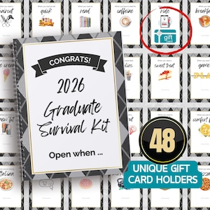 May include: A spiral-bound notebook titled "2026 Graduate Survival Kit" with the text "Open when..." surrounded by 48 unique gift card holders. The cards feature illustrations and phrases like "haircut," "caffeine," and "ride."
