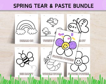 Può includere: Un set di sei fogli di attività a tema primaverile da strappare e incollare per bambini. I fogli presentano contorni in bianco e nero di un arcobaleno, uccelli, una farfalla, un'ape, un verme e un fiore. Il testo "DREAM ON", "TWEET! T", "ER BY", "BEE HAPPY", "WIGGLE WORM" e "FLOWER POWER!" è incluso sui fogli.