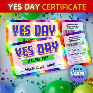 Editable Yes Day Printable Voucher Coupon, Yes Day Ticket, Yes Day Certificate Template, Yes Day Voucher Surprise Coupon, Last Minute Gift