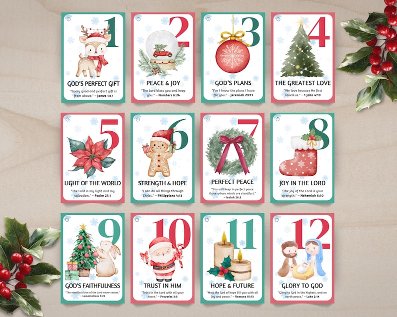 May include: Set of 12 Christmas-themed cards with watercolor illustrations and text. Each card features a number, a festive image like a reindeer or Santa, and a related inspirational quote. The cards have a teal border and red accents.