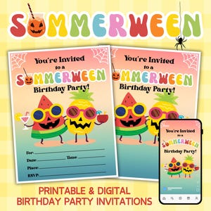 Op de afbeelding: Kleurrijke "Sommerween" verjaardagsfeest uitnodigingen. Het ontwerp toont watermeloen- en ananaspersonages met zonnebrillen. De uitnodigingen bevatten invulsecties voor datum, tijd, plaats en RSVP. Een smartphone toont de uitnodiging.
