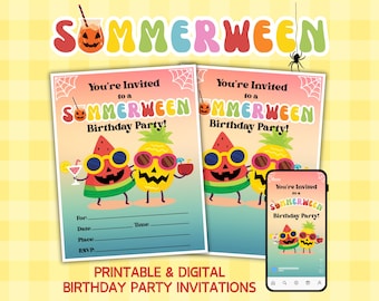 Summerween Birthday Party Invitation, Spooky Halloween Trendy Summer Party Printable Invite, Halloween Birthday Party Pineapple Watermelon