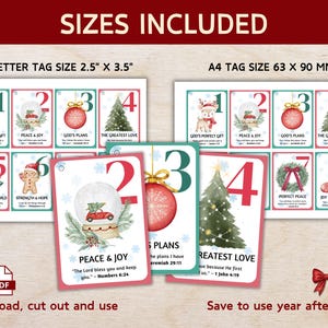 May include: Christmas-themed printable tags with festive illustrations and text. The tags are available in two sizes: 2.5" x 3.5" and 63 x 90 mm. Designs include a reindeer, snow globe, ornaments, and Christmas tree. Text includes "Peace & Joy" and Bible verses.