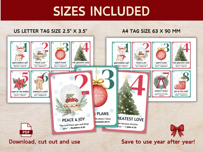 May include: Christmas-themed printable tags with festive illustrations and text. The tags are available in two sizes: 2.5" x 3.5" and 63 x 90 mm. Designs include a reindeer, snow globe, ornaments, and Christmas tree. Text includes "Peace & Joy" and Bible verses.