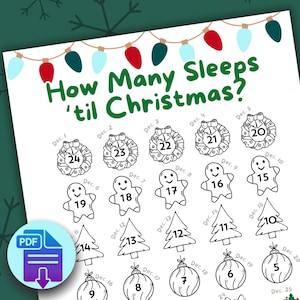 How Many Sleeps Until Christmas, Printable Countdown to Christmas Coloring Activity, Advent Calendar for Kids, How Many Days Until Christmas