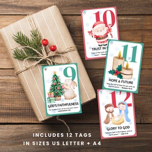 May include: A wrapped gift with a sprig of evergreen and red berries, accompanied by Christmas-themed tags. The tags feature illustrations of Santa Claus, candles, a Christmas tree, and the Nativity scene, with corresponding numbers and inspirational text.