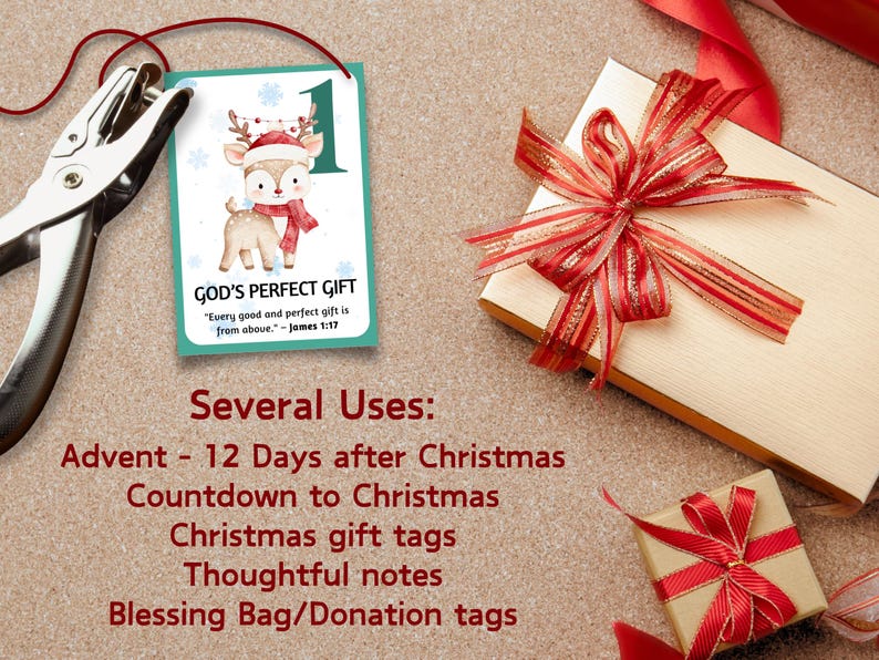 May include: A Christmas-themed gift tag with a reindeer illustration, the number 1, and the text "GOD'S PERFECT GIFT." A gift box with a red and gold ribbon is next to a smaller gift box with a red ribbon. The image also includes a hole punch.
