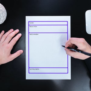 Può includere: Un foglio di carta bianco con linee viola che delimitano sezioni etichettate come "NAME", "REACTION", "MECHANISM" e "NOTES/REFS". Una mano sta scrivendo sul foglio con un pennarello nero.