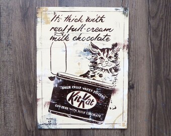 Vintage-inspired 'Kit Kat' chocolate bar advertising sign - hand painted wooden sign (faux aged/brown and cream/kitten)