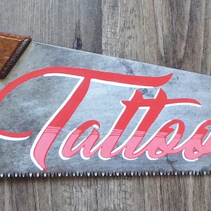 Tattoo Studio - hand painted vintage saw sign (with red two-tone lettering and varnished handle)