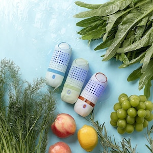 May include: Three blue, white, and orange cylindrical air purifiers with a textured design. The purifiers are on a light blue surface with green leafy plants and grapes.