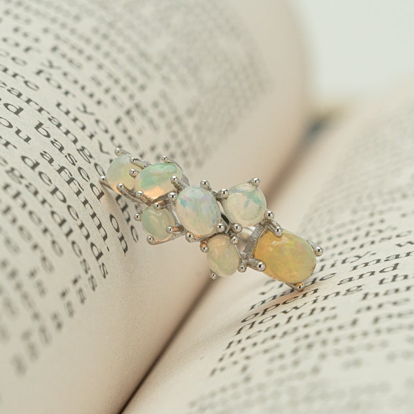 925 Sterling Silver Opal Ring, Cocktail Jewelry, Opal Birthstone Jewelry Gift Set for Her