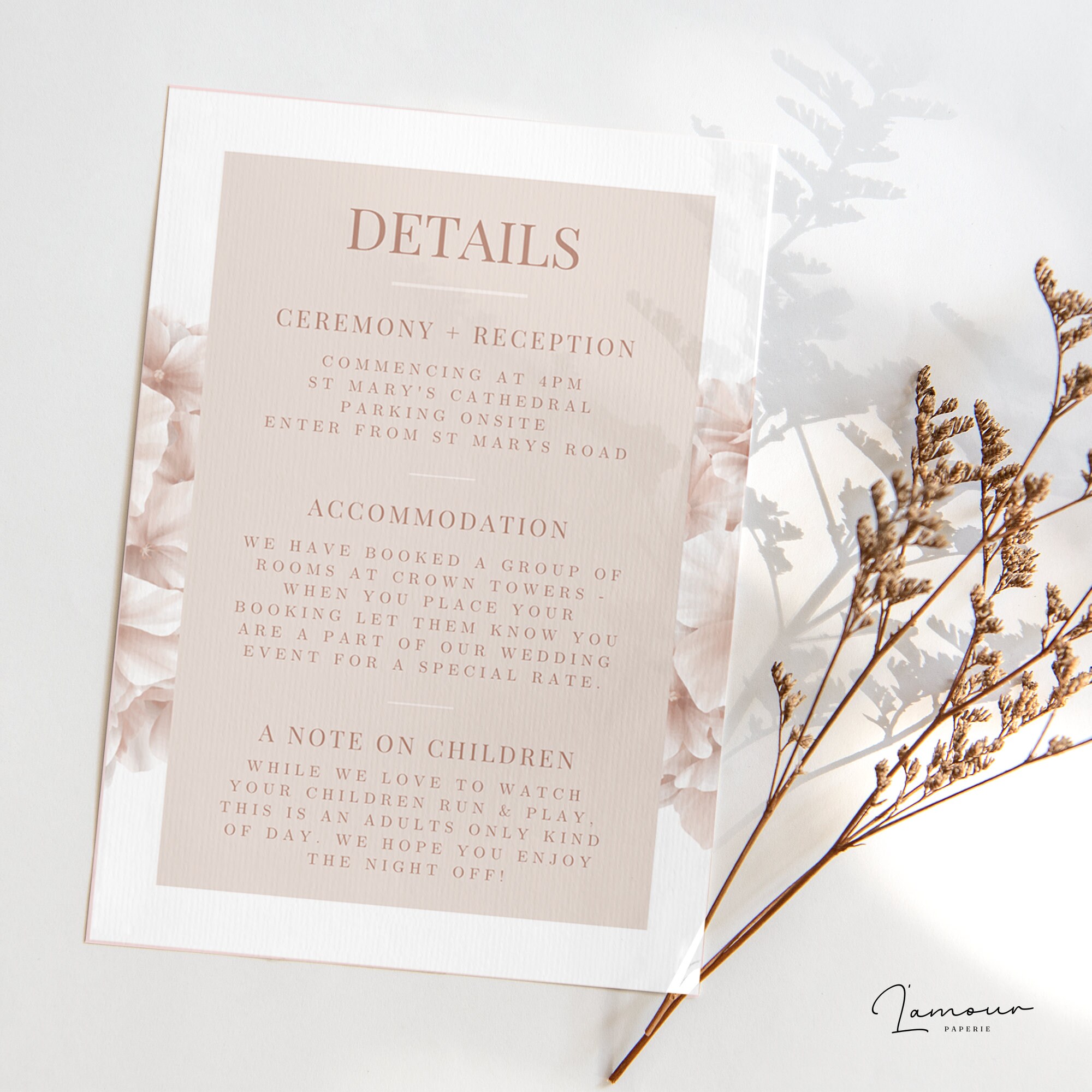 Editable Wedding Invitation Insert, Floral Hydrangea Card Details and Editable Wedding Invitation Insert, Floral Hydrangea Card Details and