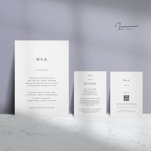 Minimalist wedding invitation template bundle set, editable wedding invite with details card and QR code rsvp printable template  – DGS002