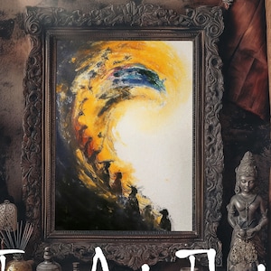 May include: A framed abstract painting with a yellow, blue, and white color scheme. The painting is set against a dark background with various decorative objects, including a small statue and candles.