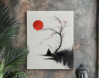 May include: A black and white painting of a tree with a red circle in the background. A black figure sits beneath the tree. A black Buddha statue sits on a wooden stand in front of the painting. The painting is on a textured gray wall.  Tao Art That.