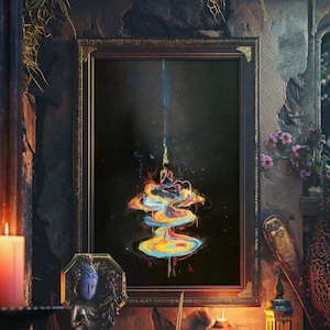 May include: A framed painting of a swirling abstract design in shades of blue, yellow, and orange, hanging on a wall in a room with candles, a statue, and other decorative items.
