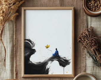 May include: A framed black and white ink painting of a person sitting on a wave with a yellow leaf in the background. The painting is titled "Tao Art That".