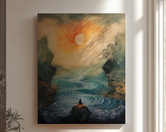 Yin Yang Zen Sun - Meditation Spiritual Flow Artwork, Chakra Enlightenment Higher Self Painting - Buddhism Taoist Christian Decor