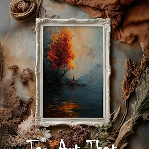 May include: A framed painting with a white ornate frame depicts a vibrant autumn tree in shades of red and orange, set against a dark blue and gray background. The painting is surrounded by dried flowers and foliage, with the text "Tao Art That" at the bottom.
