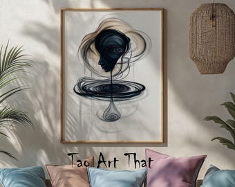 May include: Abstract art print featuring a black and white swirling design with a dark silhouette of a face in the center. The print is framed in a light wood frame and is hanging on a white wall.
