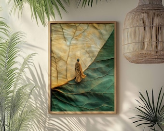 May include: A framed print of a painting depicting a person in a brown robe walking on a green and brown textured surface.