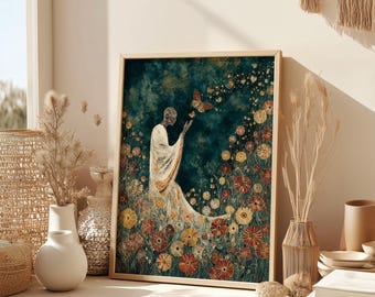 The Art of Transformation– Spiritual Butterfly Wall Art, Mystic Nature Print with Flowers, Zen Symbol of Transformation and Awakening
