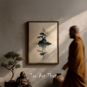 Serenity in Nature: Minimalist Zen Tree Painting - Foggy Mountain Landscape Art for Mindful Home Decor