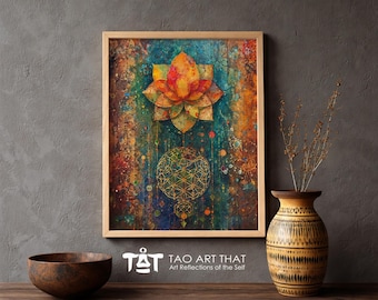 Zen Lotus Blossom Wall Art – Sacred Geometry Flower of Life Print, Meditation Décor