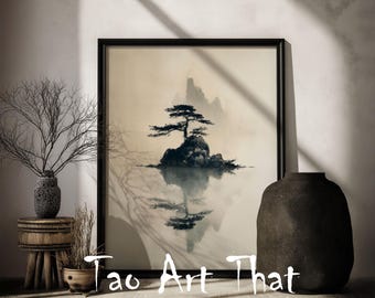 Serenity in Nature: Minimalist Zen Tree Painting - Foggy Mountain Landscape Art for Mindful Home Decor