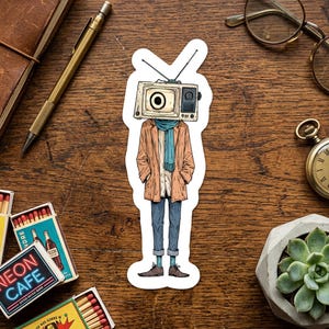 TV Head Vinyl Sticker | Retro Media Sci-fi Art | Retro Futurism | Kiss cut Vinyl Sticker 3"x4"