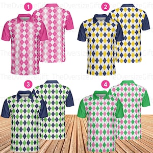 May include: Four different patterned golf shirts. The shirts are all short-sleeved and have a collared polo style. The patterns are pink and white, yellow and navy blue, green and navy blue, and pink and green.