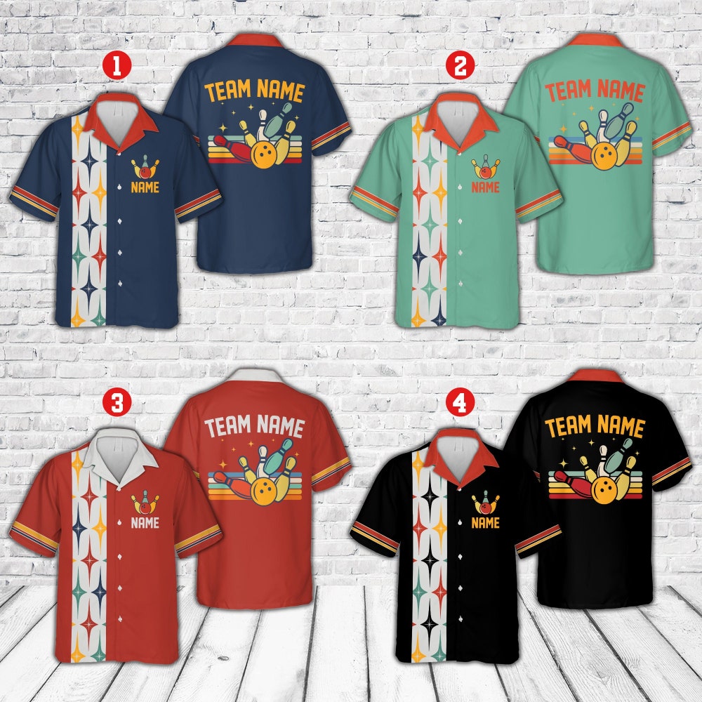 Personalized Retro Starbust Bowling Hawaiian Shirt, Custom Name Bowler Button Down Shirt, Matching Bowling Team Shirt, Bowling Lover Gift Alwasky