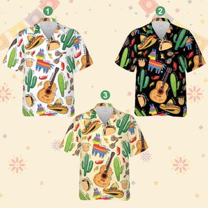 Camisa havaiana do Festival Cinco De Mayo, camisa de botão Maraca Cactus Sombrero de guitarra mexicana, camisa Let's Fiesta, camisa de festa mexicana Fiesta