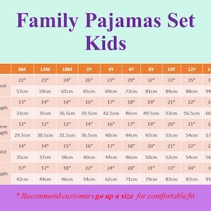 May include: A size chart for children's family pyjamas, with measurements in inches and centimetres. The chart includes sizes from 6 months to 16 years, detailing chest, shirt length, sleeve length, waist, and trousers length.