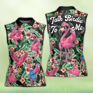 Talk Birdie To Me Golf Polo, Custom Name Tropical Flamingo Golf Polo, Summer Golf Polo For Men Women Golfers, Sleeveless or Short Sleeve